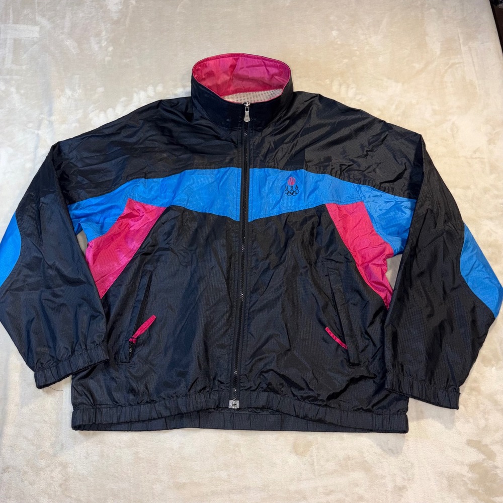 Vintage JCPenney USA Olympic Windbreaker Jacket Black Blue Pink Mens Medium